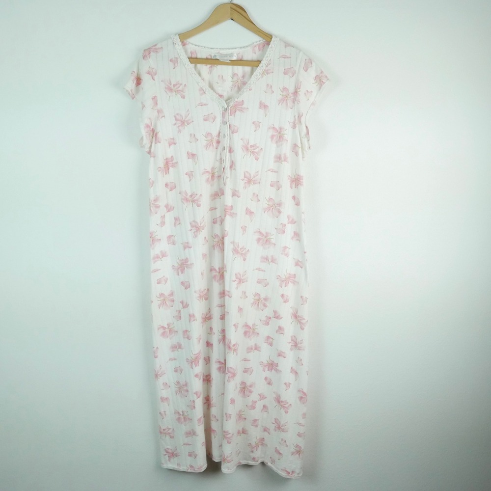 Eileen West Cotton Floral Nightgown Pink White Lace Trim Pointelle Knit Large